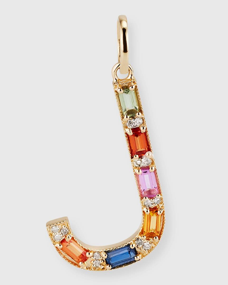 14K Yellow Gold Initial J Multi-Color Sapphire and Diamond Pendant